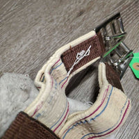 Nylon Web Fleece Lined Girth, 2x els, D Ring *gc, clean, hairy, clumpy, curled edges, popped & stretched elastics, thin & holey corners