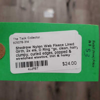 Nylon Web Fleece Lined Girth, 2x els, D Ring *gc, clean, hairy, clumpy, curled edges, popped & stretched elastics, thin & holey corners