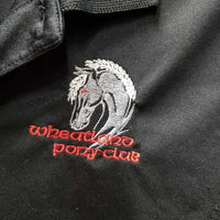 JUNIORS SS Polo Shirt, 1/4 Button up "Weatland Pony Club" *gc, pills, snags
