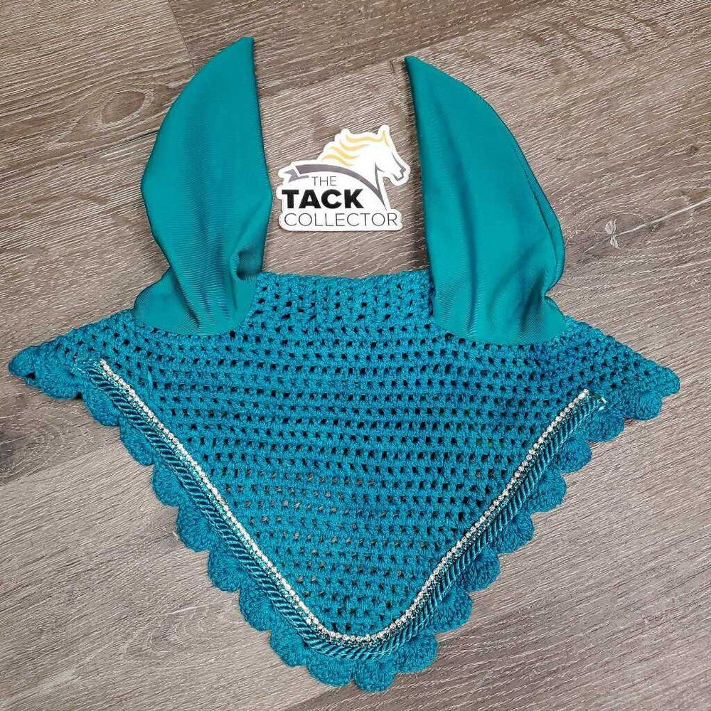 Crochet Fly Veil Ear Bonnet, 2x bling, 1x piping *vgc/xc, mnr stains