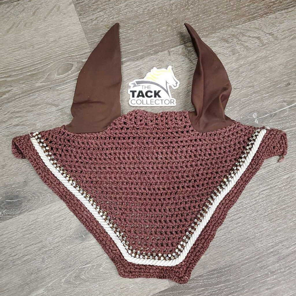 Crochet Fly Veil Ear Bonnet, 2x bling, 1x piping *vgc, clean, Bling: missing & curled/twisted