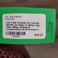 Crochet Fly Veil Ear Bonnet, 2x bling, 1x piping *vgc, clean, Bling: missing & curled/twisted
