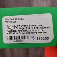 Pr Dress Boots, zips, bling, 1 Orange Ariat Form, widened *vgc/gc, mnr dirt, rubs, scuffs, stiff zips & missing bling, v.worn heels
