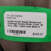 Rolled Monocrown Dressage Double Bridle, Crank *gc, dirty, rubs, faded nose
