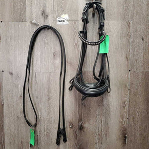 Rsd Padded Monocrown Dressage Double Bridle, crank, bling, thick rubber lined reins *vgc, mnr dirt, scrapes & residue, folded buckle guard