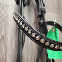 Rsd Padded Monocrown Dressage Double Bridle, crank, bling, thick rubber lined reins *vgc, mnr dirt, scrapes & residue, folded buckle guard