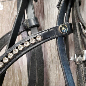 Rsd Padded Monocrown Dressage Double Bridle, crank, bling, thick rubber lined reins *vgc, mnr dirt, scrapes & residue, folded buckle guard