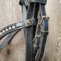 Rsd Padded Monocrown Dressage Double Bridle, crank, bling, thick rubber lined reins *vgc, mnr dirt, scrapes & residue, folded buckle guard
