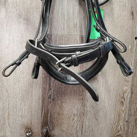 Rsd Padded Monocrown Dressage Double Bridle, crank, bling, thick rubber lined reins *vgc, mnr dirt, scrapes & residue, folded buckle guard
