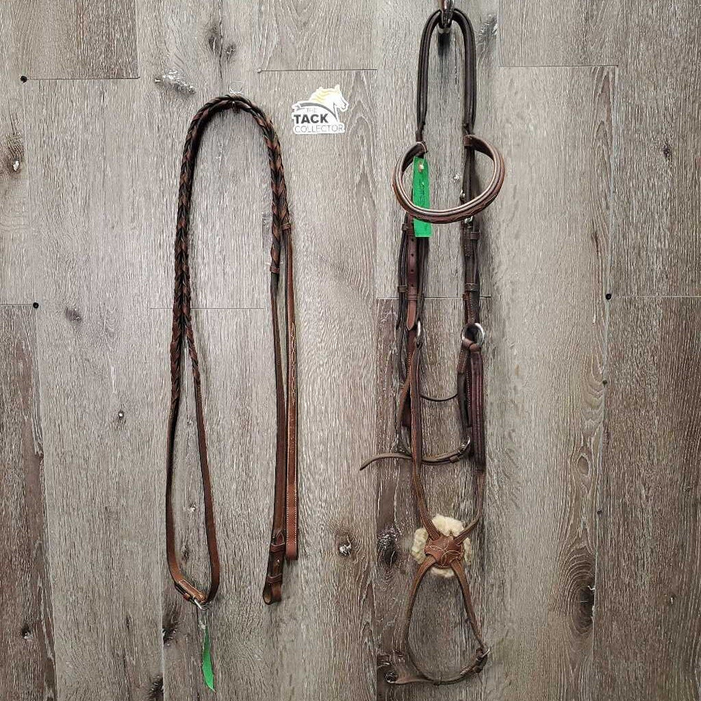 FS Rsd Padded Monocrown Figure 8 Bridle, Braided Reins *gc/vgc, clean, mnr scrapes, dings?chews, mnr rubs, dry, faded & stains, xhole, scraped/thin