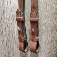 FS Rsd Padded Monocrown Figure 8 Bridle, Braided Reins *gc/vgc, clean, mnr scrapes, dings?chews, mnr rubs, dry, faded & stains, xhole, scraped/thin
