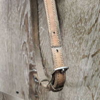 FS Rsd Padded Monocrown Figure 8 Bridle, Braided Reins *gc/vgc, clean, mnr scrapes, dings?chews, mnr rubs, dry, faded & stains, xhole, scraped/thin
