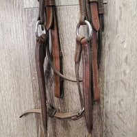 FS Rsd Padded Monocrown Figure 8 Bridle, Braided Reins *gc/vgc, clean, mnr scrapes, dings?chews, mnr rubs, dry, faded & stains, xhole, scraped/thin
