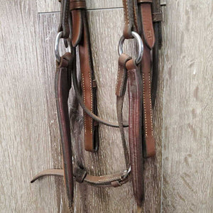 FS Rsd Padded Monocrown Figure 8 Bridle, Braided Reins *gc/vgc, clean, mnr scrapes, dings?chews, mnr rubs, dry, faded & stains, xhole, scraped/thin