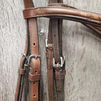 FS Rsd Padded Monocrown Figure 8 Bridle, Braided Reins *gc/vgc, clean, mnr scrapes, dings?chews, mnr rubs, dry, faded & stains, xhole, scraped/thin
