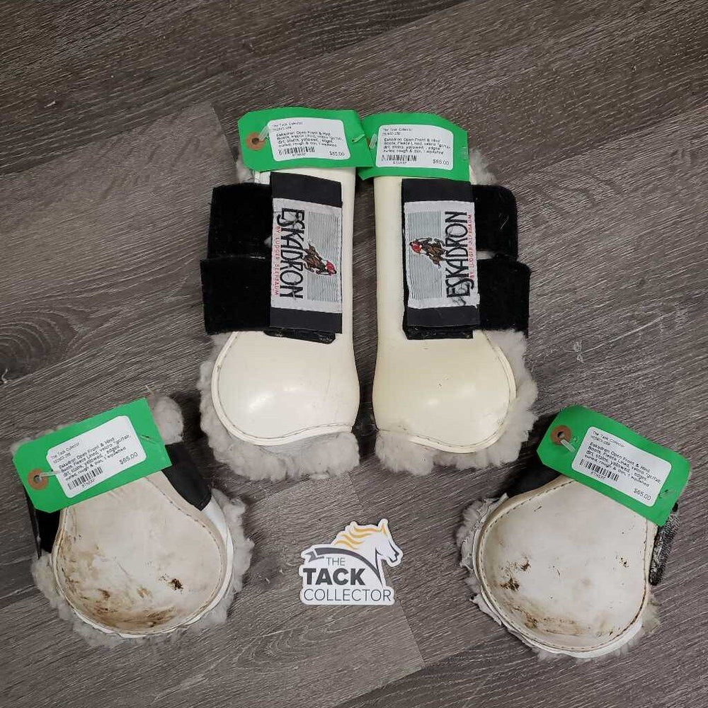 Open Front & Hind Boots, Fleece Lined, velcro *gc/fair, dirt, stains, yellowed, edges: curled, rough & thin, 1 squished