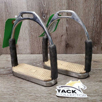 Soft v.Flexi Stirrup Irons, grips *gc, mnr dirt, faded, scratches & stains, grip rubs, loose rubber tops