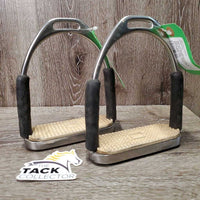 Soft v.Flexi Stirrup Irons, grips *gc, mnr dirt, faded, scratches & stains, grip rubs, loose rubber tops
