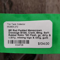 Rsd Padded Monocrown Dressage Bridle, Crank, Bling, Soft Rubber Reins *NO Flash, gc, dirty & v.dirty, missing logo & bling, gunk