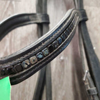 Thick Soft Dressage Double Bridle, Crank, Crown Buckle, Gem Browband *gc/vgc, older, dirty, residue, creases
