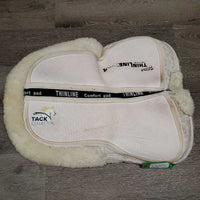 Shimmable Sheepskin Quilt Half Pad, rolled edge *gc, clean, 0 shims, cut tabs, v. stiff, shrunk, puckers, clumpy, mnr stains, pills, threads
