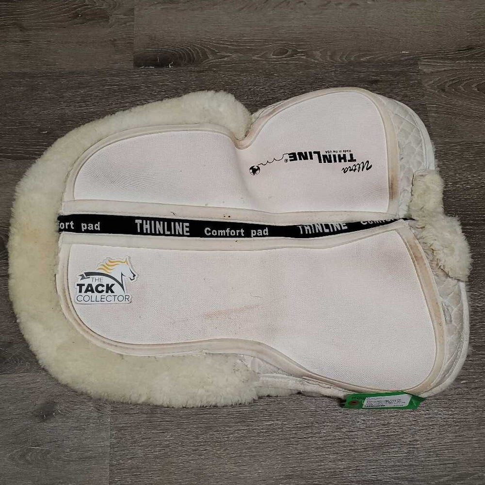 Shimmable Sheepskin Quilt Half Pad, rolled edge *gc, clean, 0 shims, cut tabs, v. stiff, shrunk, puckers, clumpy, mnr stains, pills, threads