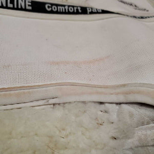 Shimmable Sheepskin Quilt Half Pad, rolled edge *gc, clean, 0 shims, cut tabs, v. stiff, shrunk, puckers, clumpy, mnr stains, pills, threads
