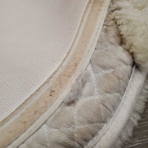 Shimmable Sheepskin Quilt Half Pad, rolled edge *gc, clean, 0 shims, cut tabs, v. stiff, shrunk, puckers, clumpy, mnr stains, pills, threads