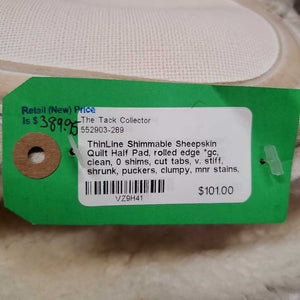 Shimmable Sheepskin Quilt Half Pad, rolled edge *gc, clean, 0 shims, cut tabs, v. stiff, shrunk, puckers, clumpy, mnr stains, pills, threads
