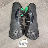 Open Front Boots, tabs, bag *gc, dirty, torn & frayed edge
