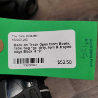 Open Front Boots, tabs, bag *gc, dirty, torn & frayed edge
