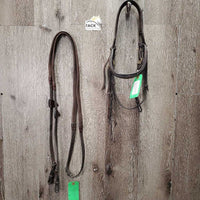 Rsd/FS Monocrown Bridle, Rubber Reins *NO Noseband, gc, mnr dirt/residue, faded, rubs & scrapes, curled crown & rein edges
