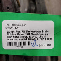 Rsd/FS Monocrown Bridle, Rubber Reins *NO Noseband, gc, mnr dirt/residue, faded, rubs & scrapes, curled crown & rein edges
