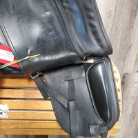 18" ?Adj *set W 6" Schleese Elite Dressage Saddle, Navy Schleese Cover, 2 XLg Front Velcro Blocks, Obrigado Panels, Wool Flocking, Rear Gussets, Shoulder Relief Cutouts, Flaps: 17"L x 13.5"W Serial #: 6-RW-SR 4-18 4003H0203
