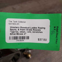 Western Rosebud Ladies Roping Spurs, 6 Point Brass Rowels *vgc/xc, clean, rubs, scratches

