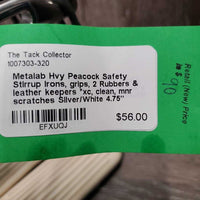 Hvy Peacock Safety Stirrup Irons, grips, 2 Rubbers & leather keepers *xc, clean, mnr scratches