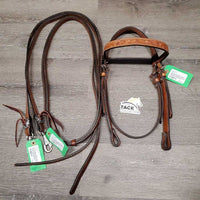 Tooled Leather Headstall, Split Reins, Breastcollar *xc, mnr clumpy fleece, stains, rubs & edge scrapes
