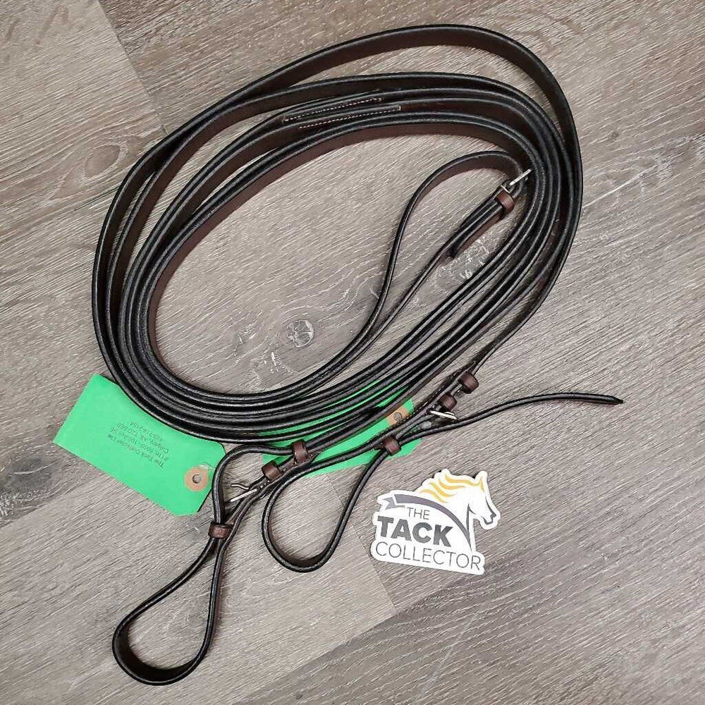 Flat Leather Draw Reins, buckle loope ends *vgc/xc, stiff, mnr creases, rubs & dirt