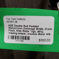 Double Rsd Padded Monocrown Dressage Bridle, Crank, Flash, Web Reins *vgc, dirty, missing keeper, creases