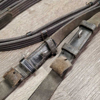 Nylon Web Reins, finger stoppers *gc/fair, v.faded, rubs, threads, dirty, stretched keepers