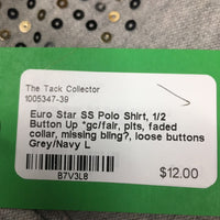 SS Polo Shirt, 1/2 Button Up *gc/fair, pits, faded collar, missing bling?, loose buttons
