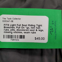 Light Full Seat Riding Tight Breeches, Pull On *gc, mnr hair, rubs, pills, discolored seat & legs, missing stickies, seam rubs
