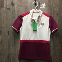 SS Polo Show Shirt, 1/3 Button Up, snap collar *gc, mnr stains, dingy?, snags & seam puckers, peeled logos