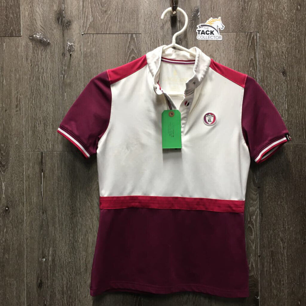 SS Polo Show Shirt, 1/3 Button Up, snap collar *gc, mnr stains, dingy?, snags & seam puckers, peeled logos