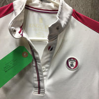 SS Polo Show Shirt, 1/3 Button Up, snap collar *gc, mnr stains, dingy?, snags & seam puckers, peeled logos
