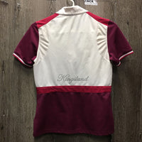 SS Polo Show Shirt, 1/3 Button Up, snap collar *gc, mnr stains, dingy?, snags & seam puckers, peeled logos
