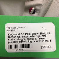 SS Polo Show Shirt, 1/3 Button Up, snap collar *gc, mnr stains, dingy?, snags & seam puckers, peeled logos