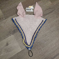 Tie Down Crochet Ear Bonnet Fly Veil, 2x piping, 3x bling *fair, unstitched piping, shrunk, v.stained & discolored, curled

