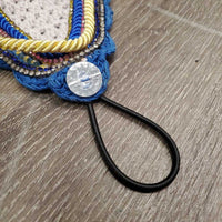 Tie Down Crochet Ear Bonnet Fly Veil, 2x piping, 3x bling *fair, unstitched piping, shrunk, v.stained & discolored, curled
