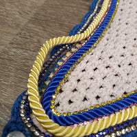 Tie Down Crochet Ear Bonnet Fly Veil, 2x piping, 3x bling *fair, unstitched piping, shrunk, v.stained & discolored, curled
